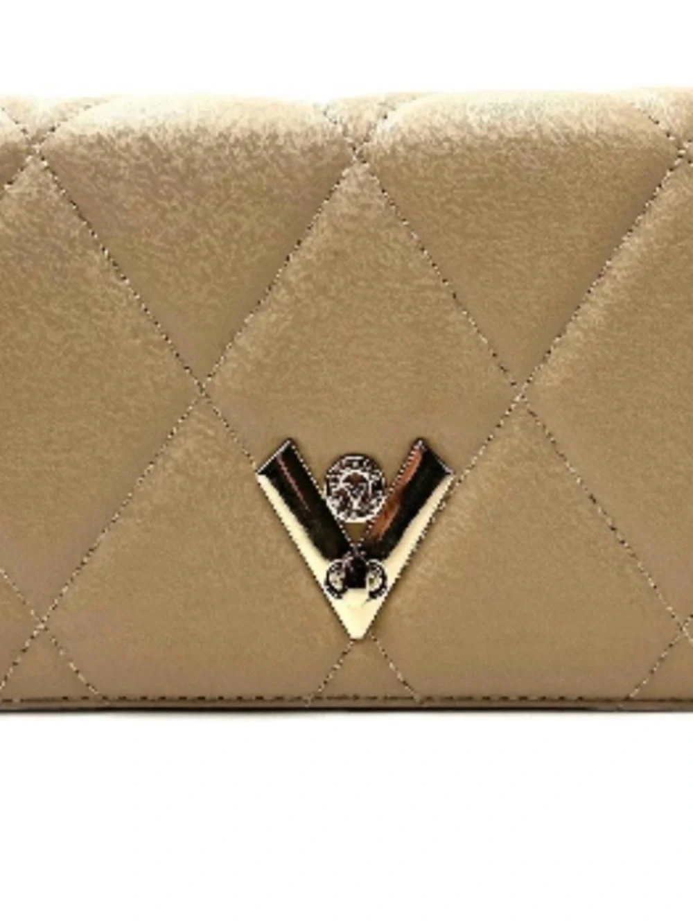 Badgley Mischka Quilted Beige Crossbody Bag with V Emblem